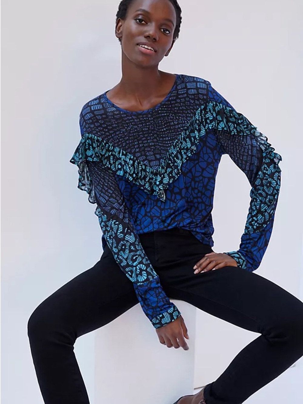 Bl-nk Ameera Ruffled Blue Patterned Long-Sleeve Top by Anthropologie